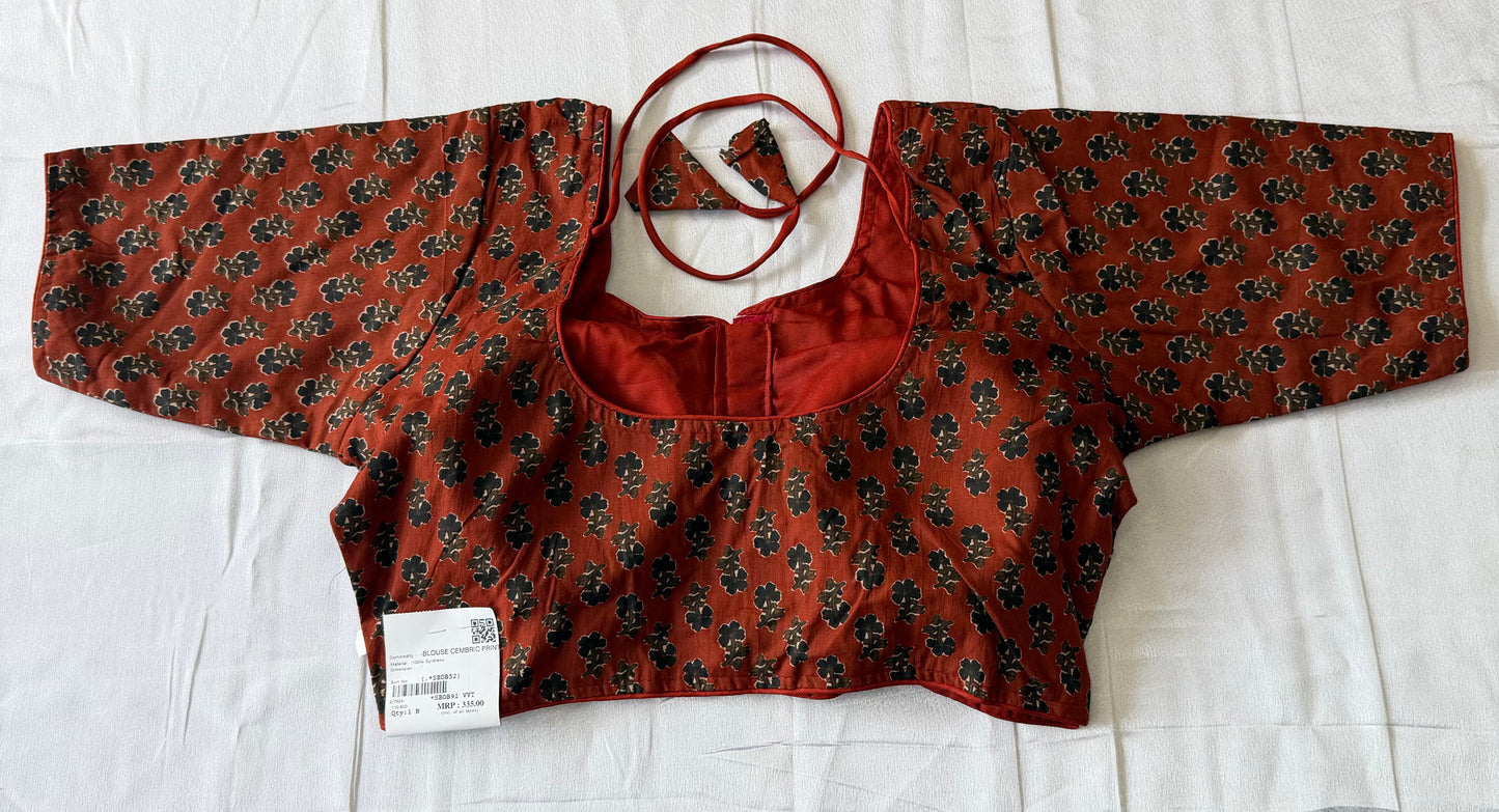 Cotton Printed Readymade Blouse with Sleeves – Rust Brown