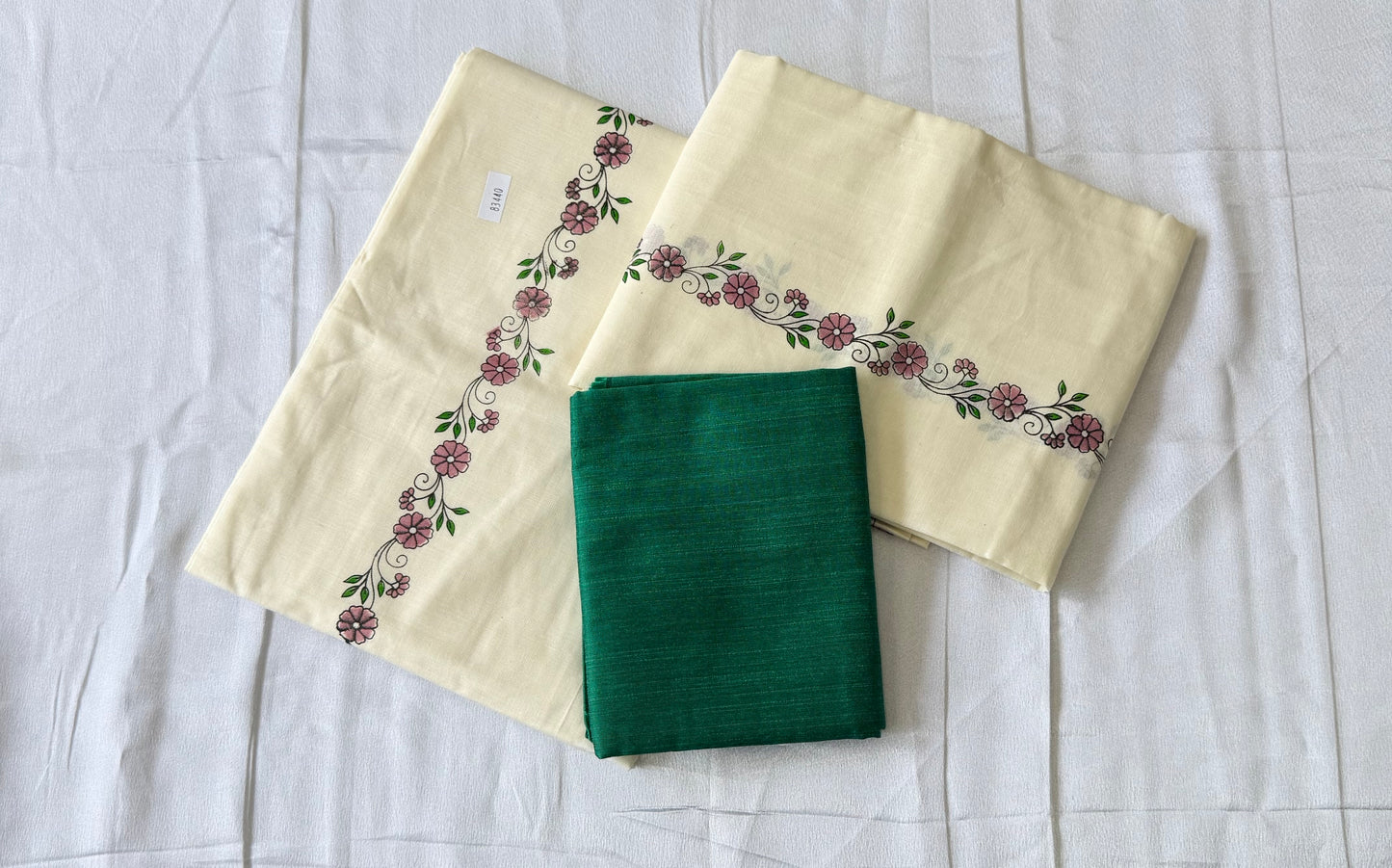 Printed Kerala Set Mundu with Blouse Material | Floral Vine Design | Premium Cotton