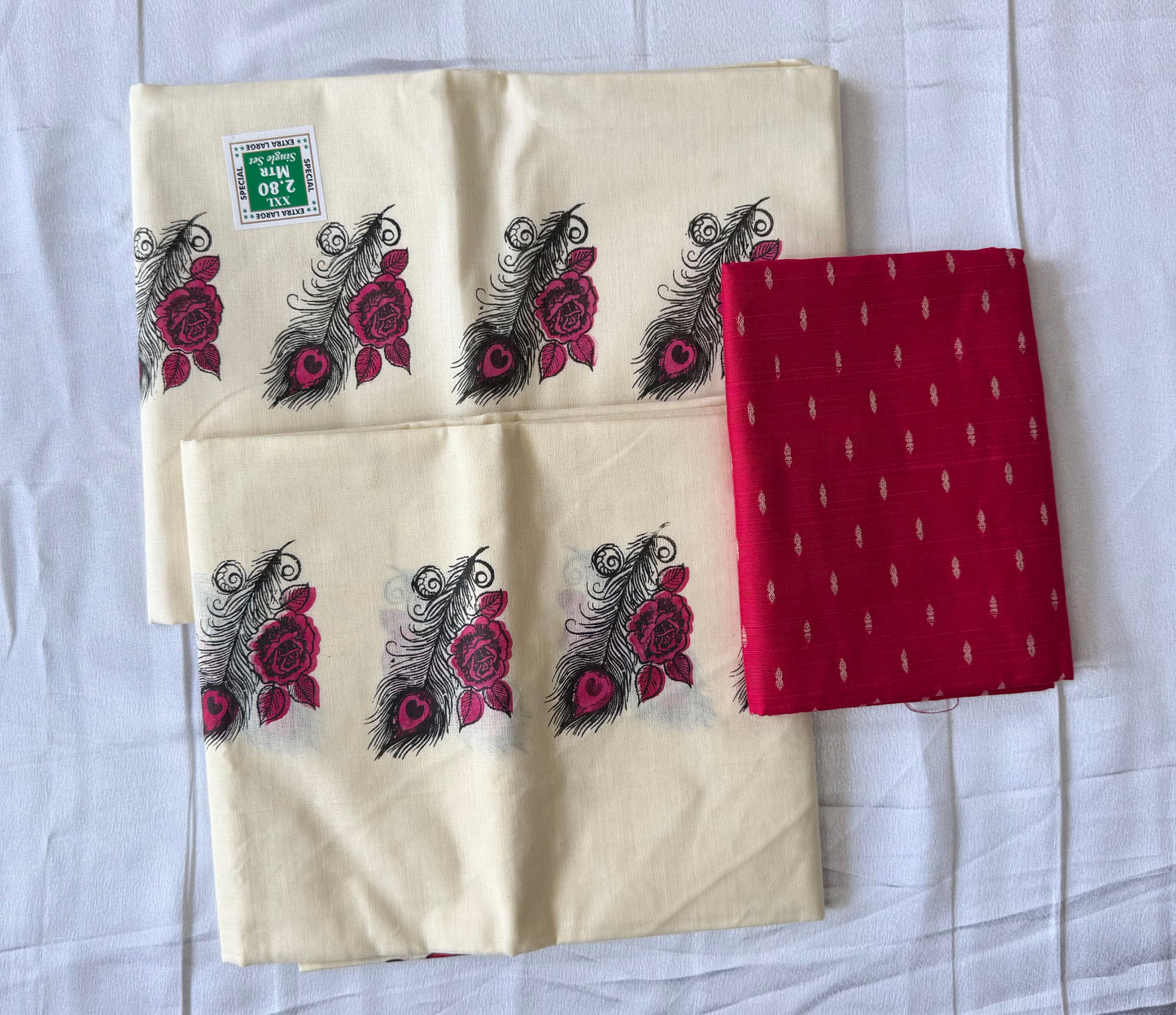 Printed Kerala Set Mundu with Blouse Material | Peacock & Floral Design | Premium Cotton