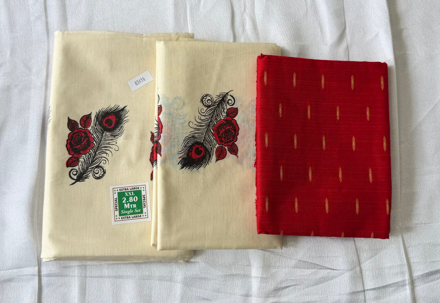 Printed Kerala Set Mundu with Blouse Material | Peacock Feather & Rose Design | Premium Cotton