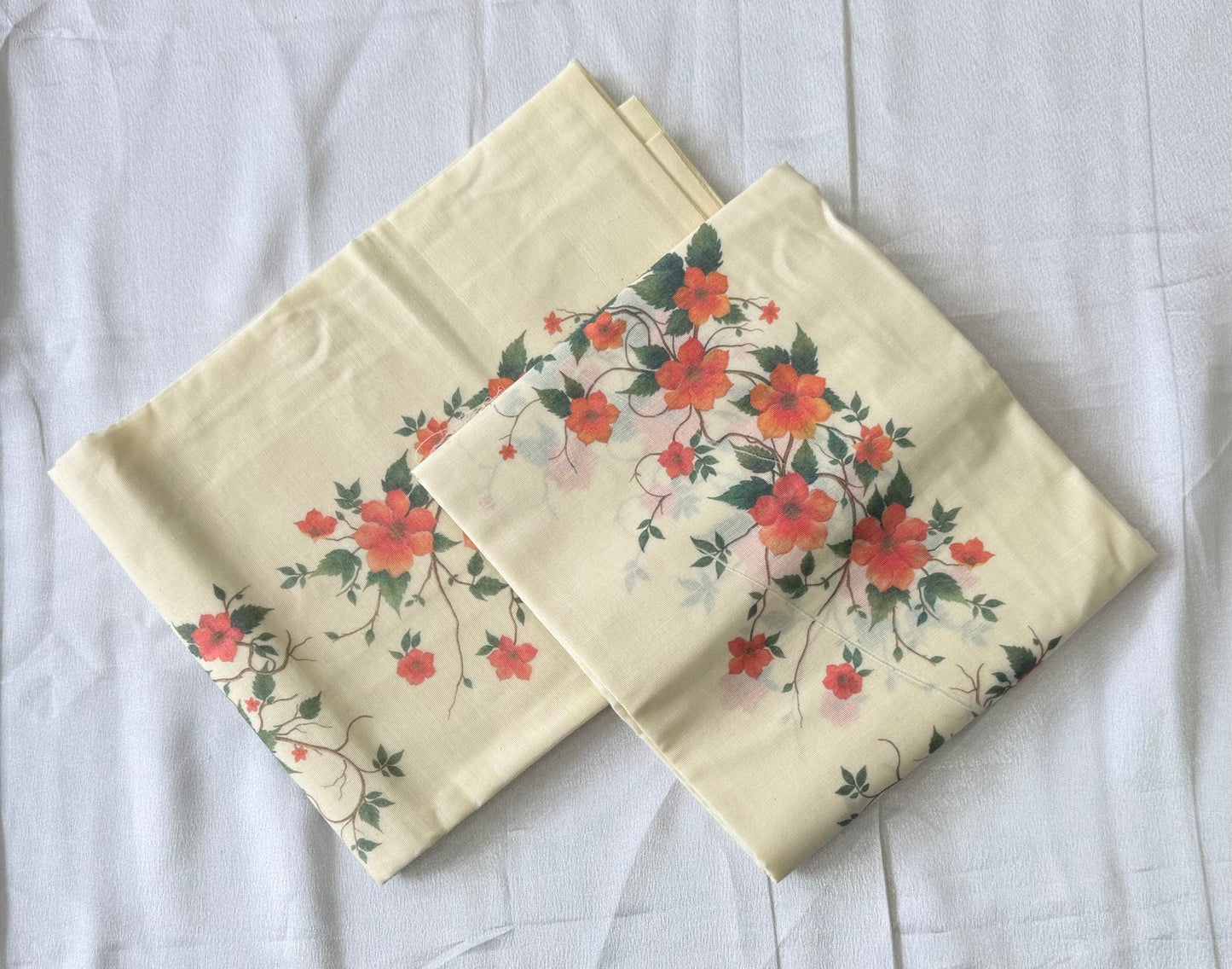 Floral Printed Kerala Set Mundu (Mundum Neriyathum) | Premium Cotton | Orange Floral Design