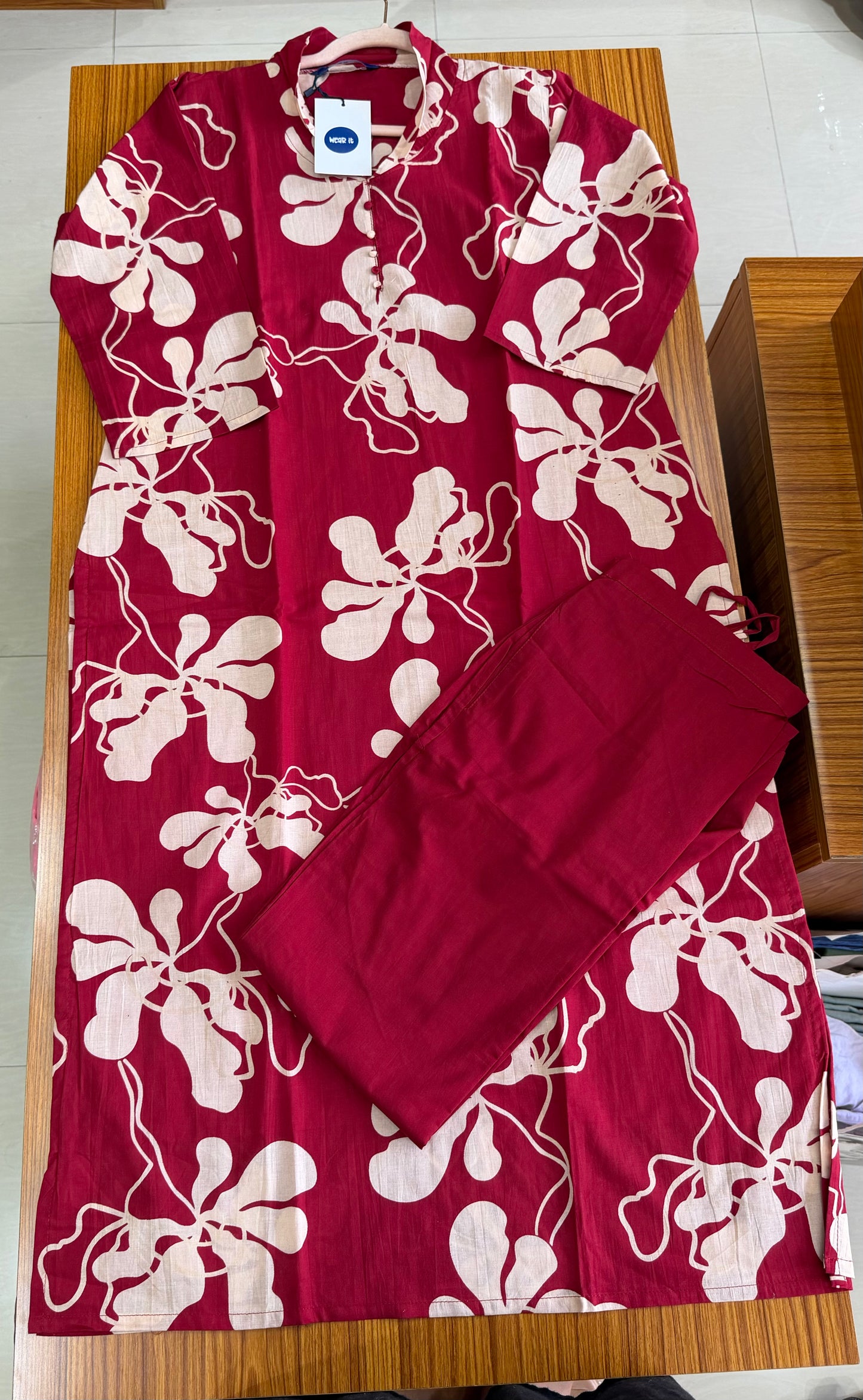 Maroon Floral Print Cotton Co-Ord Set for Women