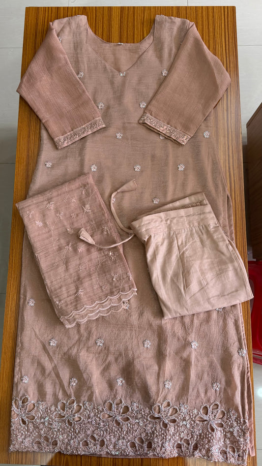 3-Piece Crushed Chiffon Embroidered Churidar Set – Beige