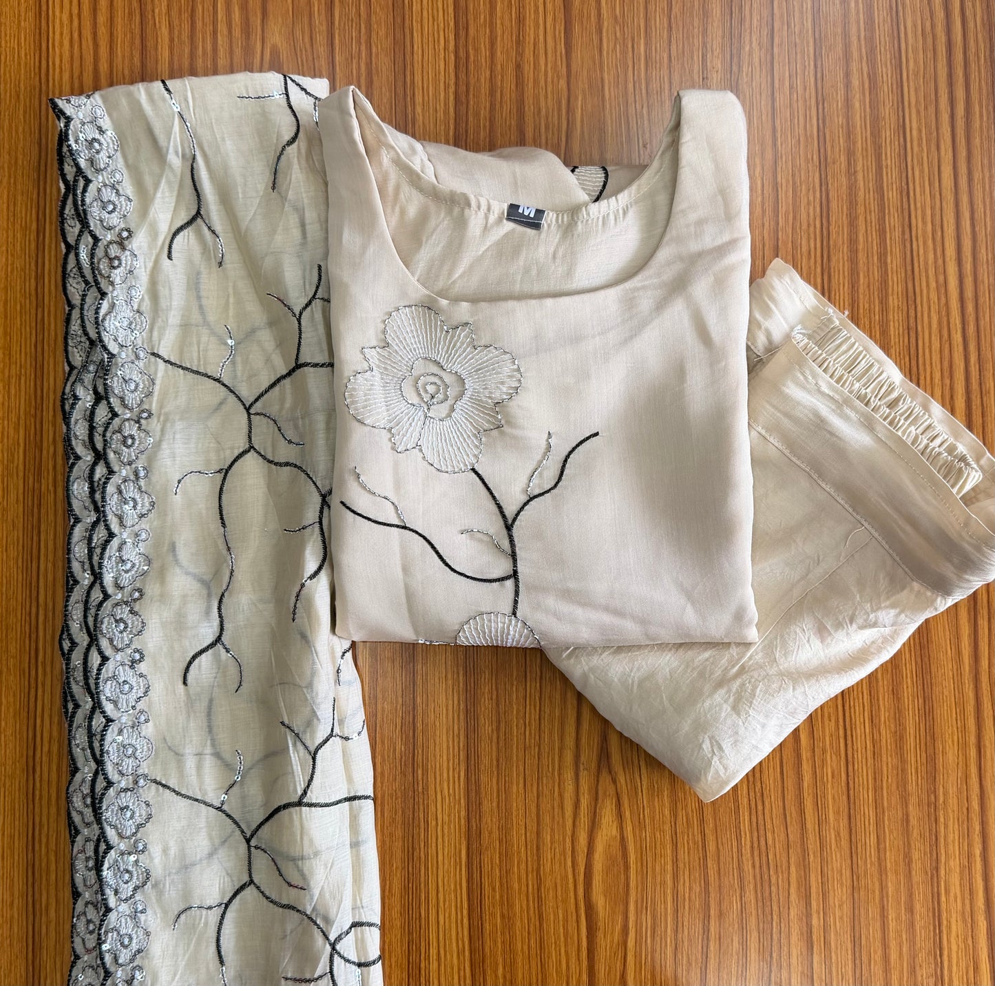 3-Piece Organza Embroidered Churidar Set – Ivory White