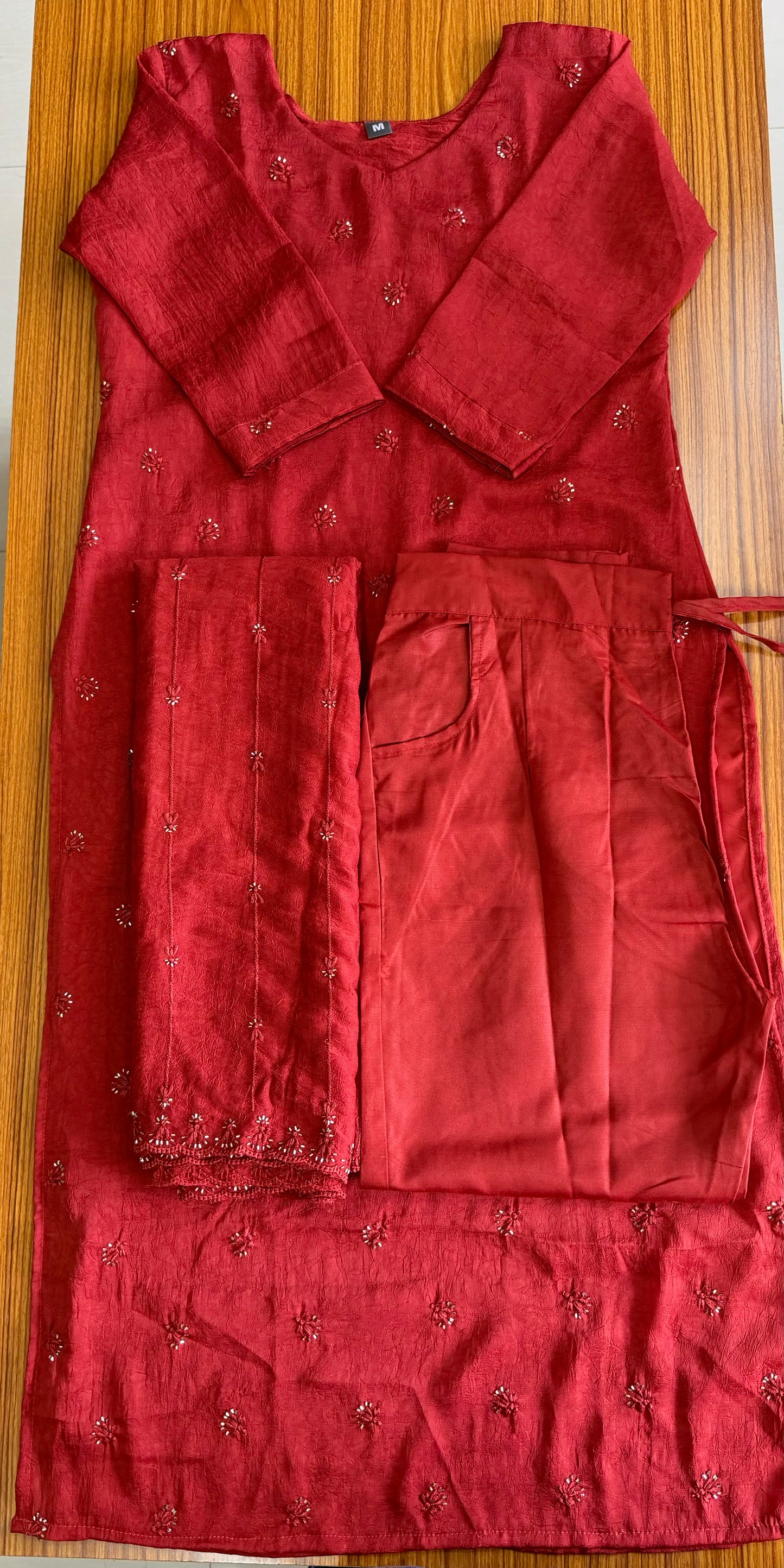 3-Piece Crushed Chiffon Embroidered Churidar Set – Maroon