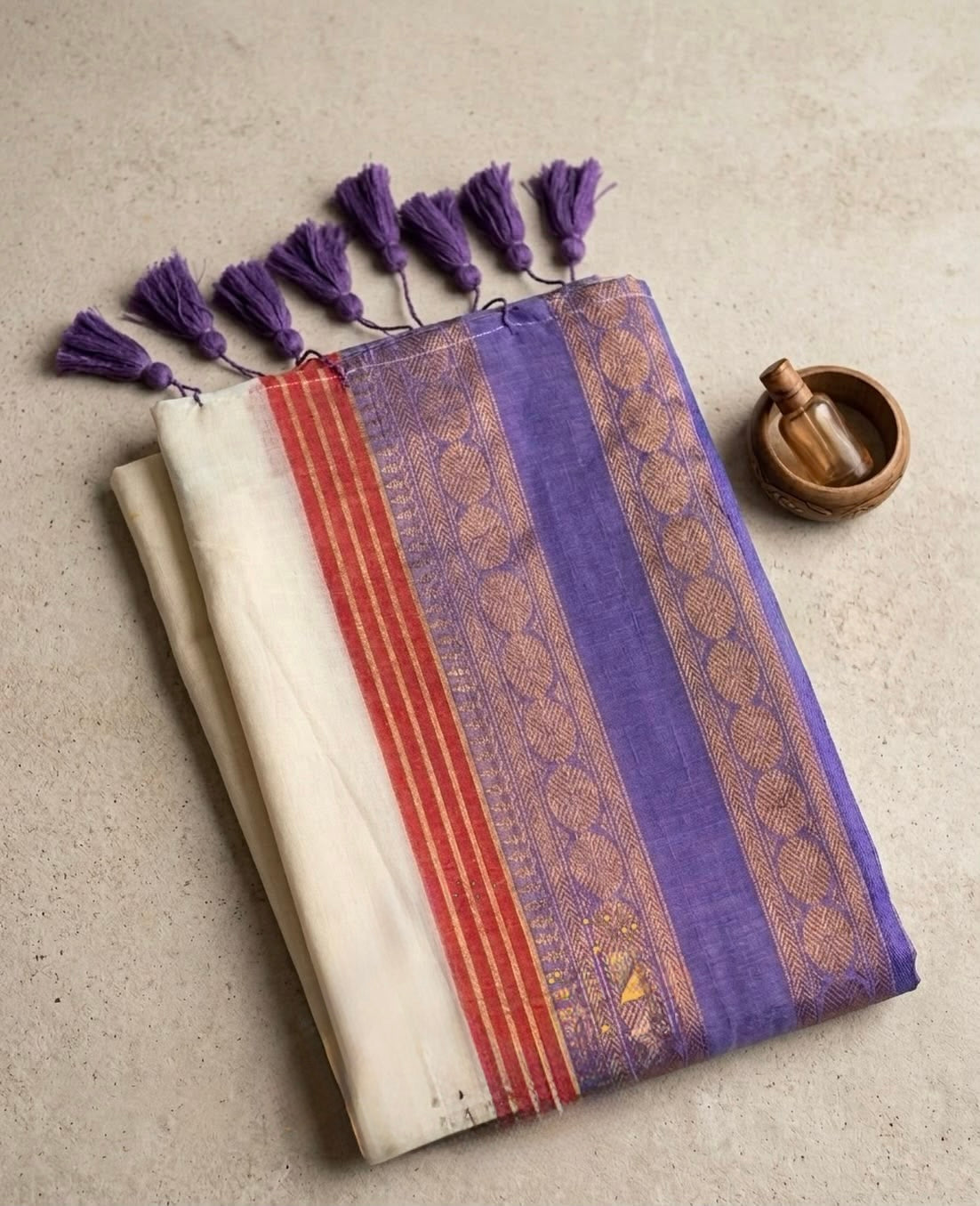 Traditional Mul Cotton Saree with Purple Zari Border & Blouse