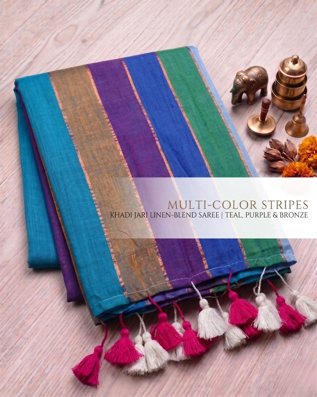 Khadi Jari Linen Blend Saree – Multicolour Stripes