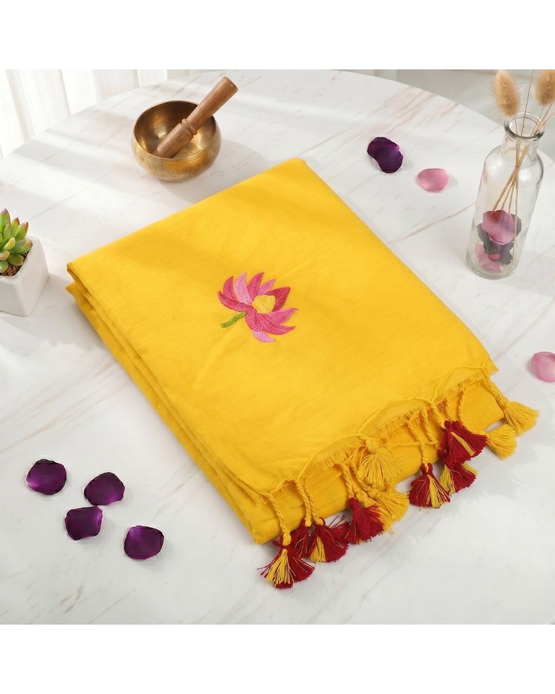 Lotus Embroidered Khadi Saree with Tassels