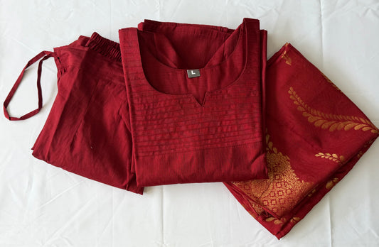 Red Silk Slub Cotton 3-Piece Salwar Set with Designer Dupatta | Women's Ethnic Wear