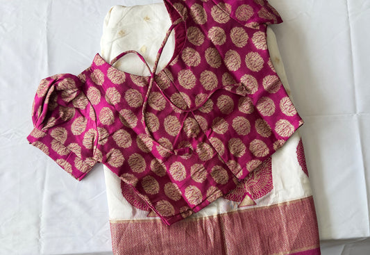 Traditional Kerala Kasavu Pattu Pavada Set for Girls | White & Magenta