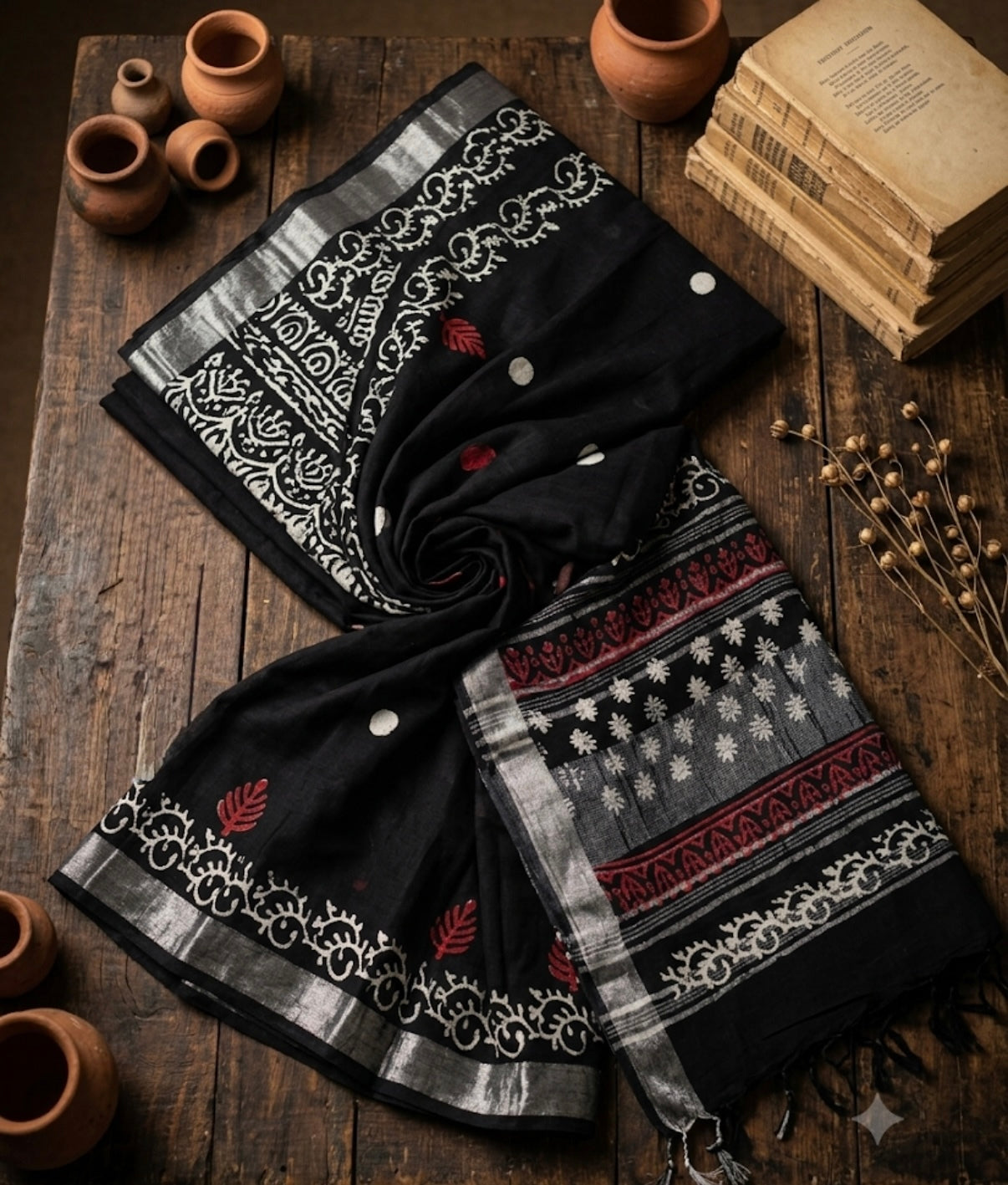 Premium Black Linen Saree with Silver Zari Border | Tribal Print | Running Blouse