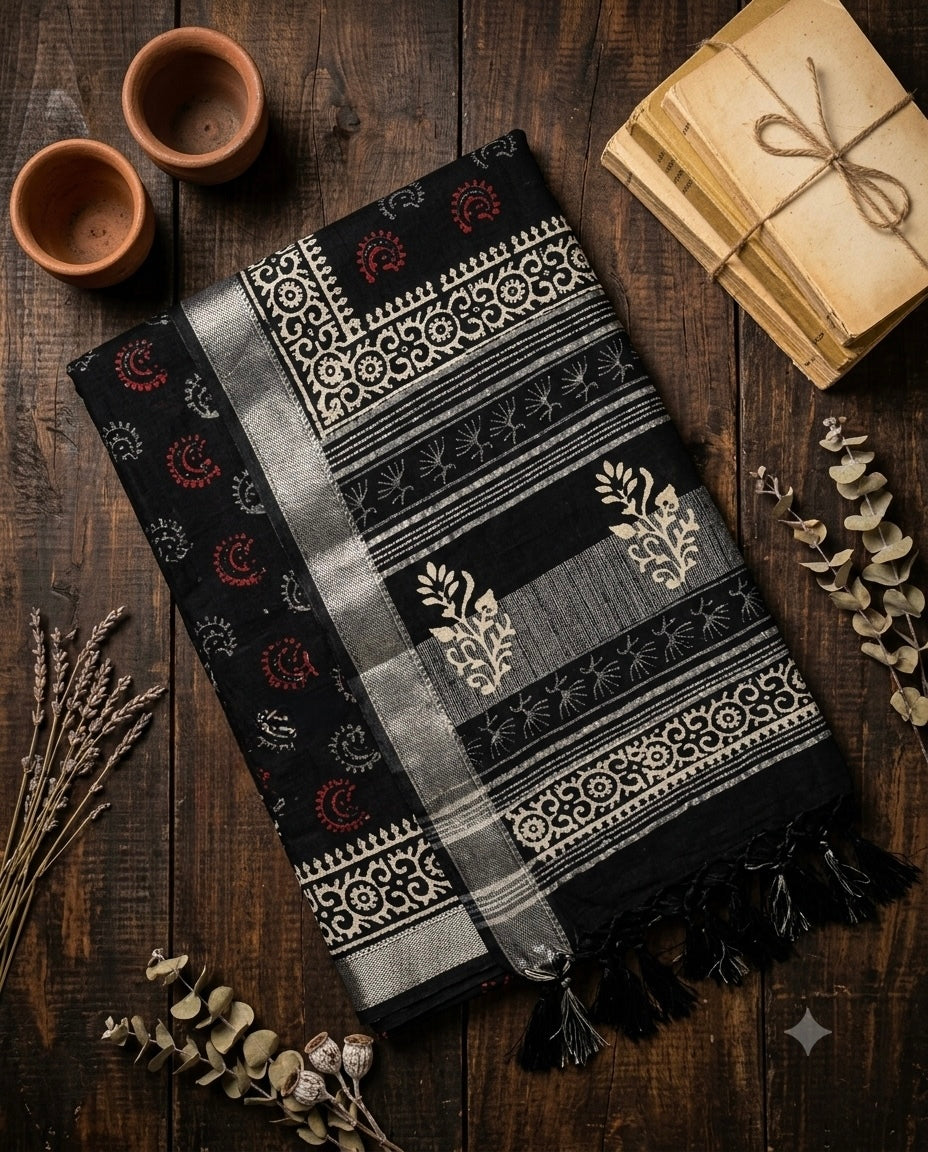 Premium Black Linen Saree with Silver Zari Border | Geometric Print | Running Blouse