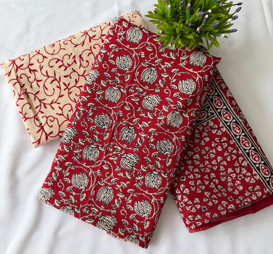 Jaipuri Cotton 3-Piece Dress Material Set – Red Floral Hand Block Print | Unstitched Salwar Suit with Cotton Dupatta
