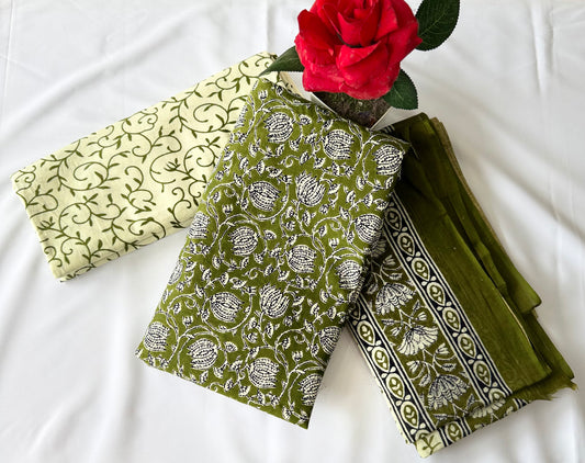 Jaipuri Cotton 3-Piece Dress Material Set – Olive Green Floral Hand Block Print | Unstitched Cotton Salwar Suit with Dupatta