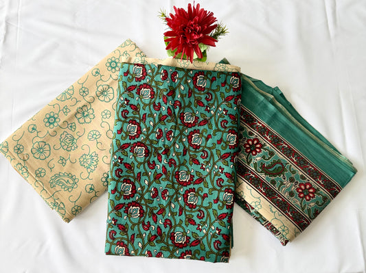 Jaipuri Cotton 3-Piece Dress Material Set – Teal Blue Floral Print | Unstitched Cotton Salwar Suit with Dupatta
