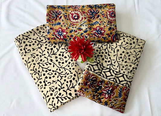 Jaipuri Cotton 3-Piece Dress Material Set – Mustard Floral Hand Block Print | Unstitched Cotton Salwar Suit with Dupatta