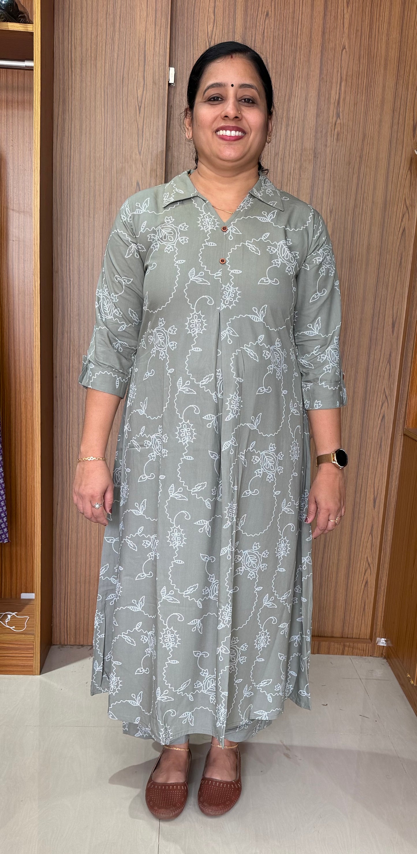 Dusty Green Umbrella Pattern Co-Ord Set with Shirt Collar