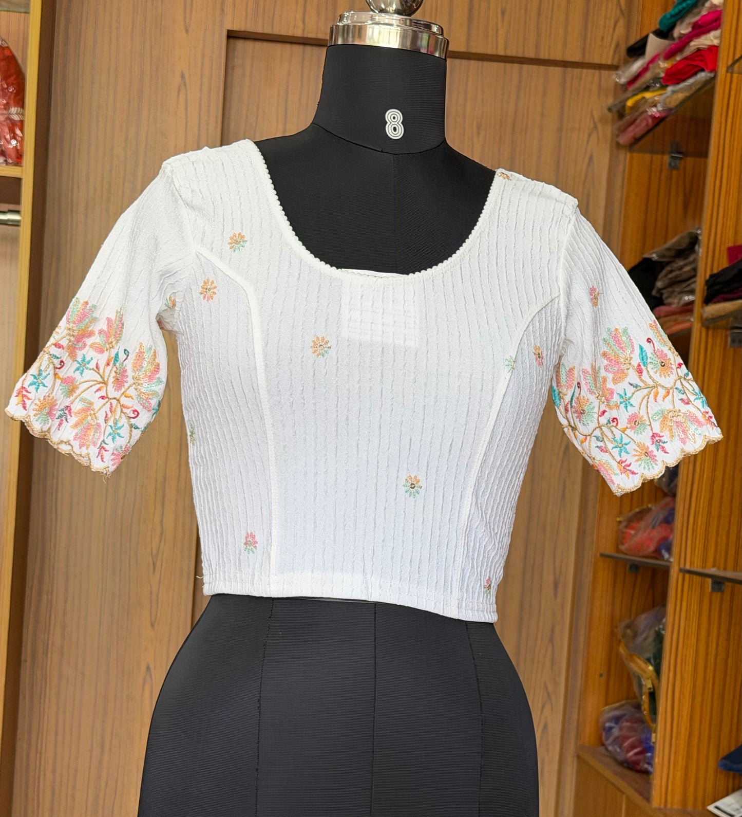 Stretchable Embroidered Readymade Blouse – Half Sleeves