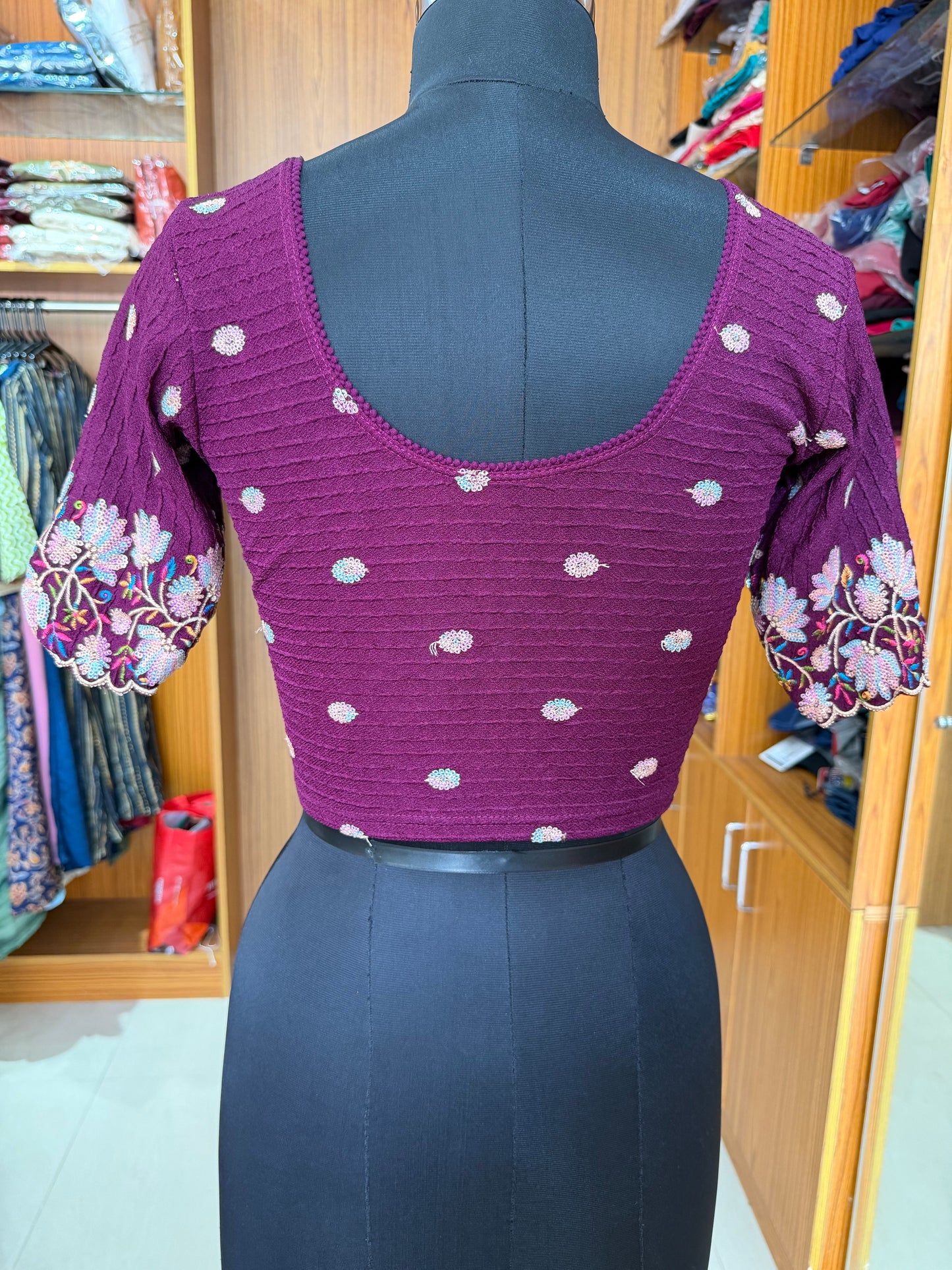 Stretchable Embroidered Readymade Blouse – Half Sleeves