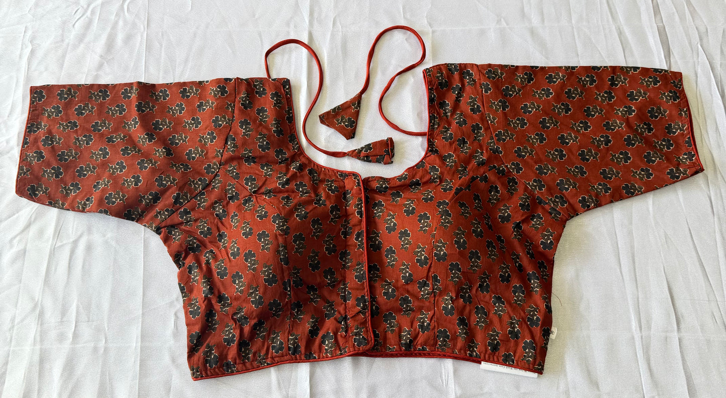 Cotton Printed Readymade Blouse with Sleeves – Rust Brown