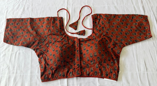 Cotton Printed Readymade Blouse with Sleeves – Rust Brown