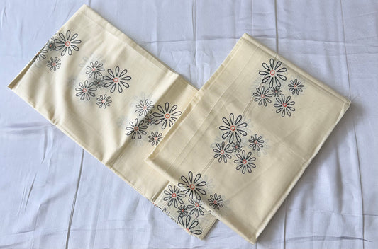 Printed Kerala Set Mundu (Mundum Neriyathum) | Daisy Floral Design | Premium Cotton