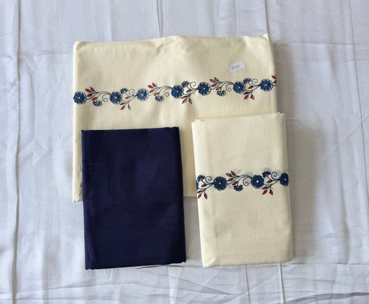 Printed Kerala Set Mundu with Blouse Material | Blue Floral Border | Premium Cotton