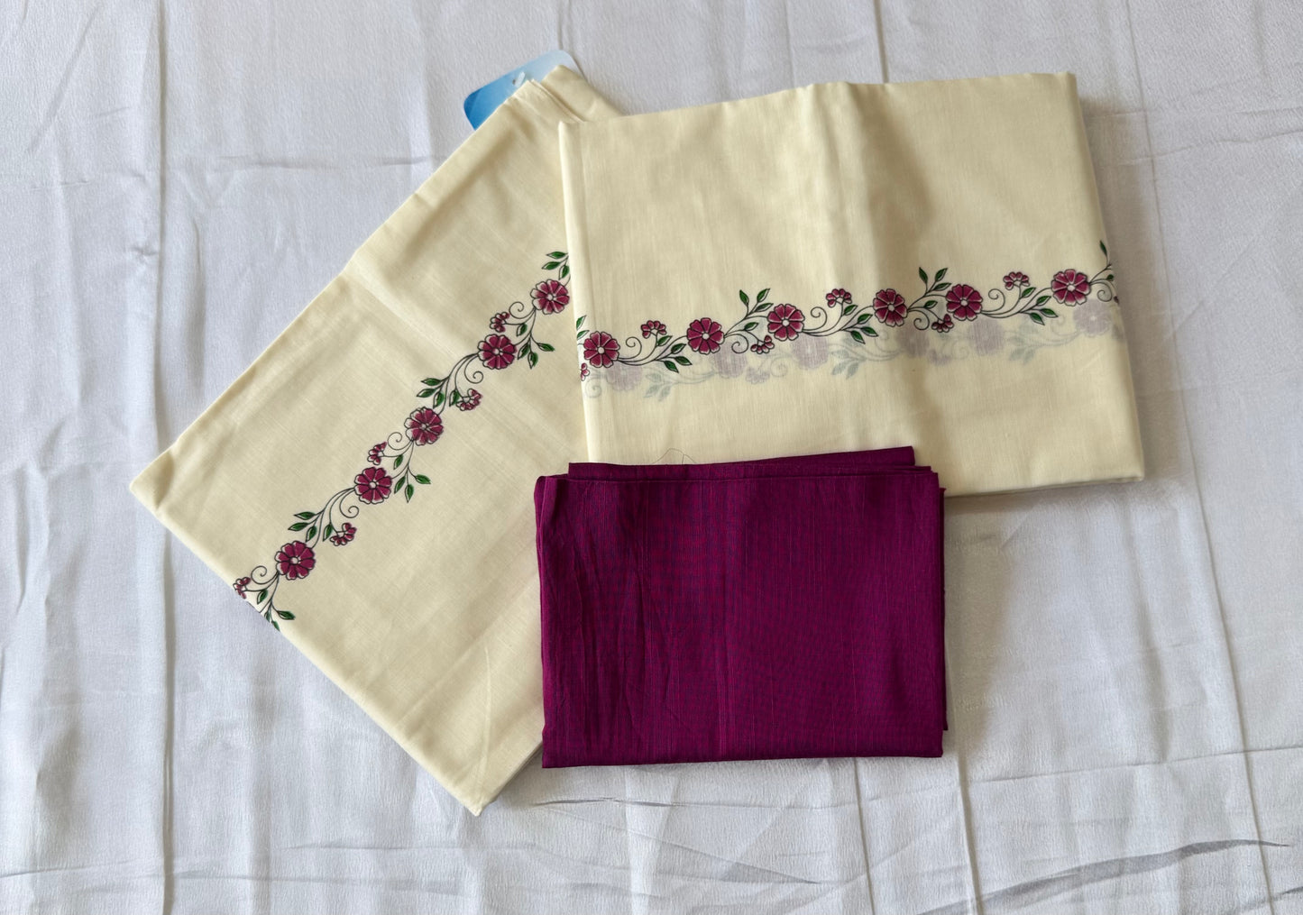 Printed Kerala Set Mundu with Blouse Material | Pink Floral Border | Premium Cotton
