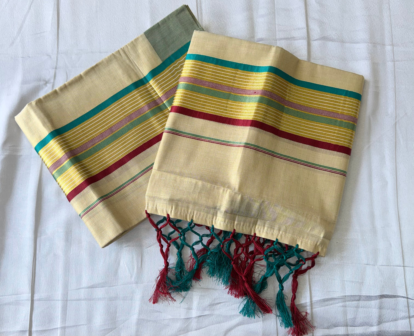 Traditional Kerala Set Mundu (Mundum Neriyathum) | Premium Cotton with Multicolor Kasavu Border