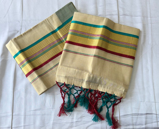Traditional Kerala Set Mundu (Mundum Neriyathum) | Premium Cotton with Multicolor Kasavu Border