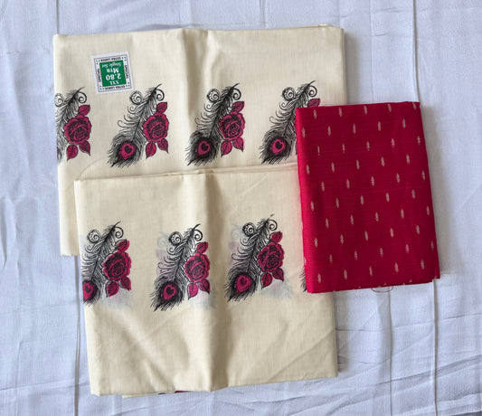 Printed Kerala Set Mundu with Blouse Material | Peacock & Floral Design | Premium Cotton
