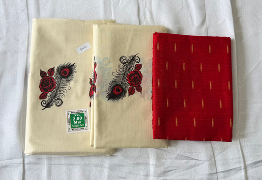 Printed Kerala Set Mundu with Blouse Material | Peacock Feather & Rose Design | Premium Cotton