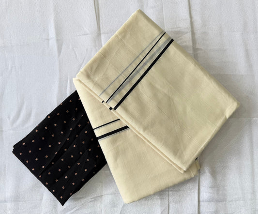 Traditional Kerala Set Mundu with Vichithra Silk Blouse Material – Black Border
