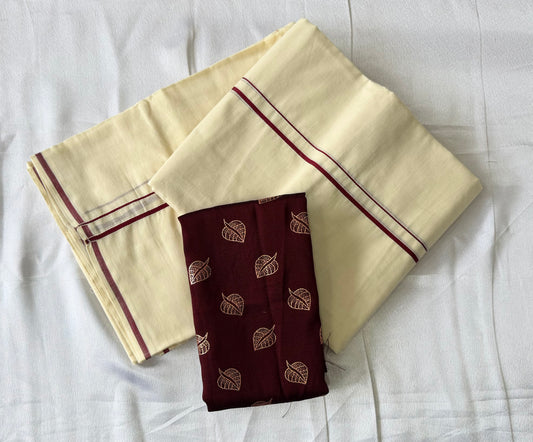 Traditional Kerala Set Mundu with Vichithra Silk Blouse Material | Maroon Border | Onam Collection