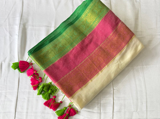 Soft Mull Cotton Kerala Saree with Green & Pink Zari Border