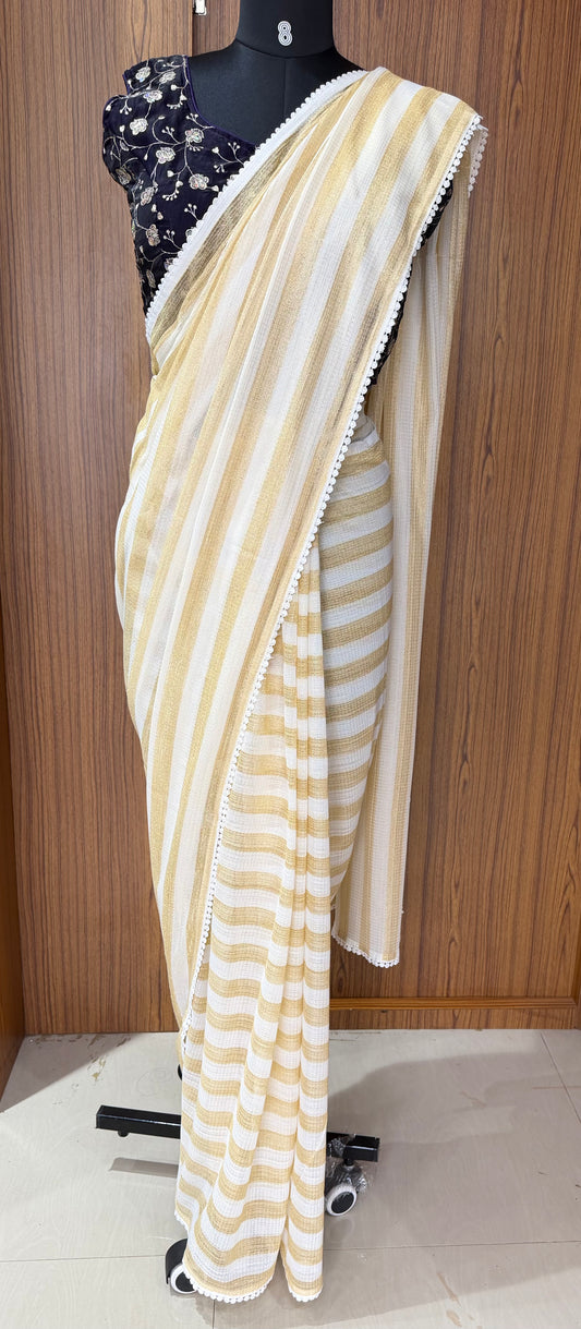 Onam Special Chanderi White Saree | Gold Stripe Design | Festive Kerala Saree