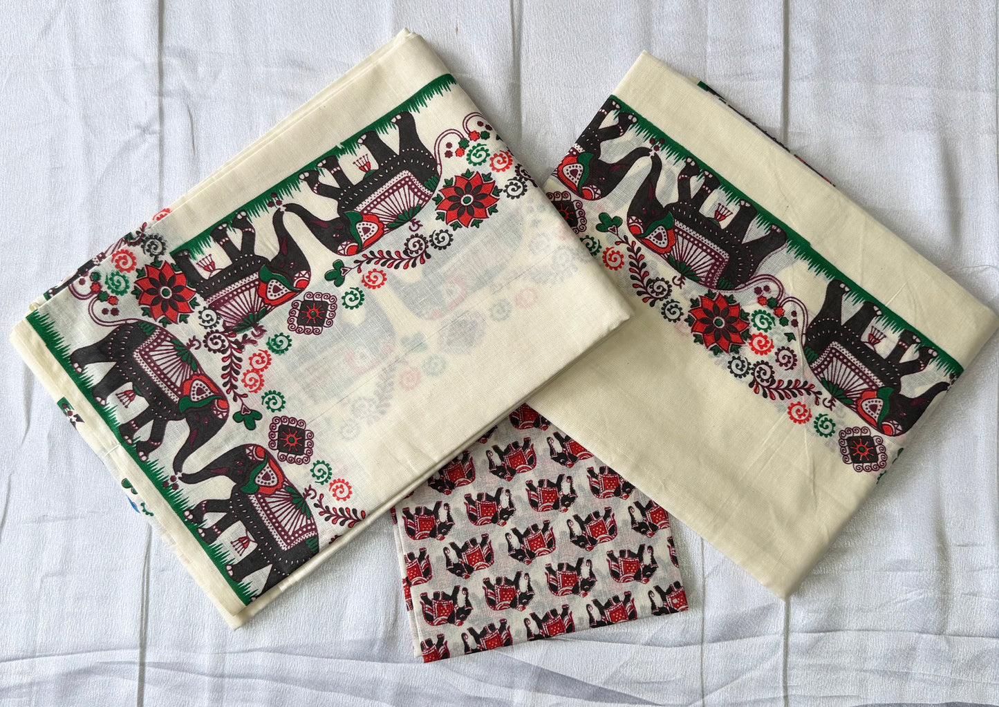 Elephant Printed Kerala Set Mundu with Blouse Material | Traditional Cotton | Premium Festive Wear
