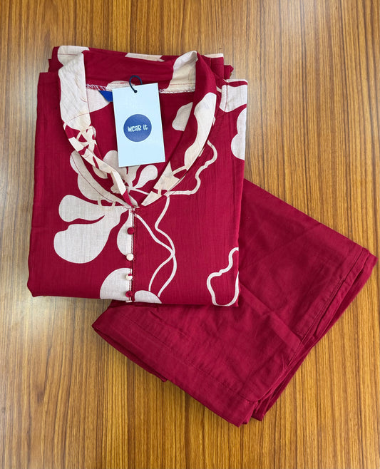 Maroon Floral Print Cotton Co-Ord Set for Women