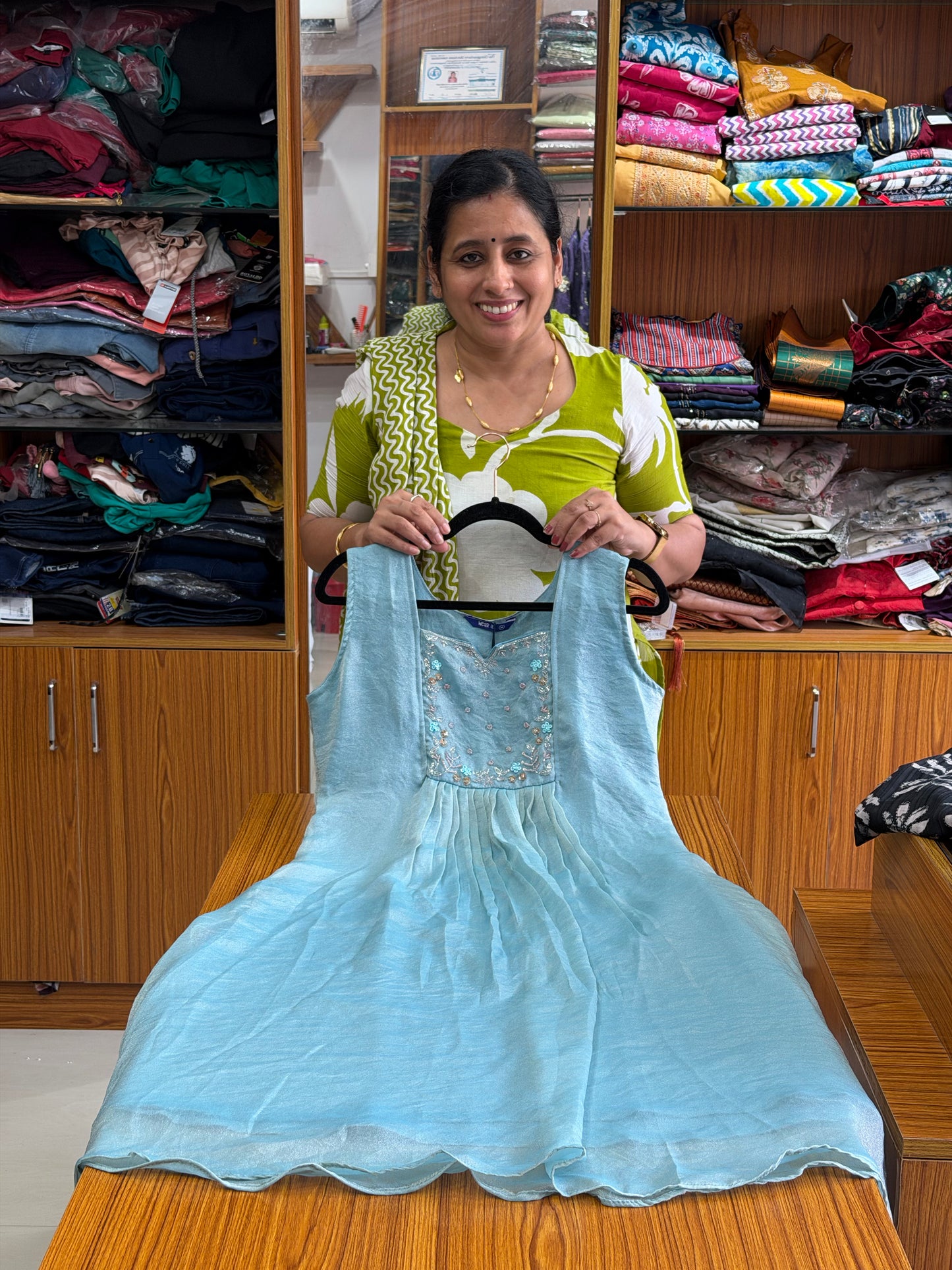 Sky Blue Velvet Organza Embroidered Kurti for Women