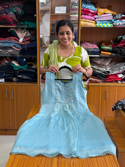 Sky Blue Velvet Organza Embroidered Kurti for Women