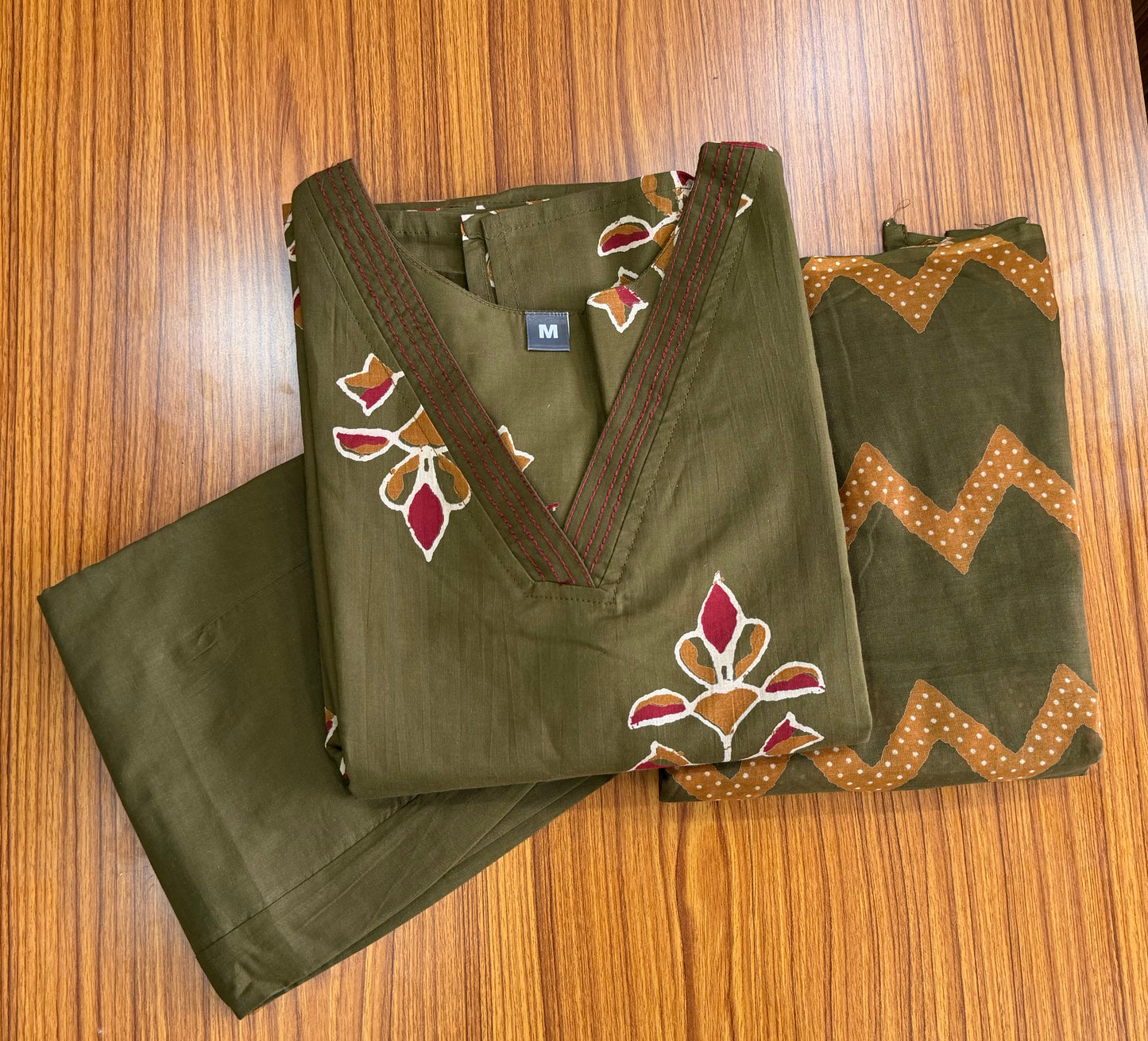 Olive Green Printed Cotton 3-Piece Kurta Set