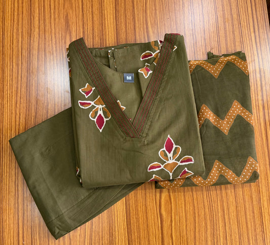 Olive Green Printed Cotton 3-Piece Kurta Set