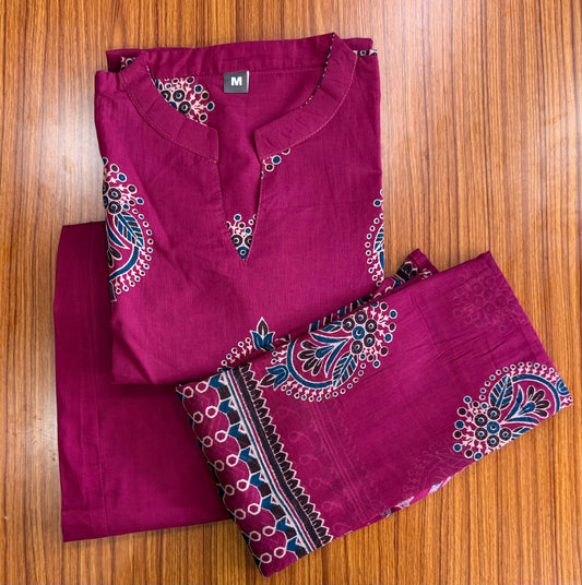Wine Cotton 3-Piece Printed Kurta Set for Women