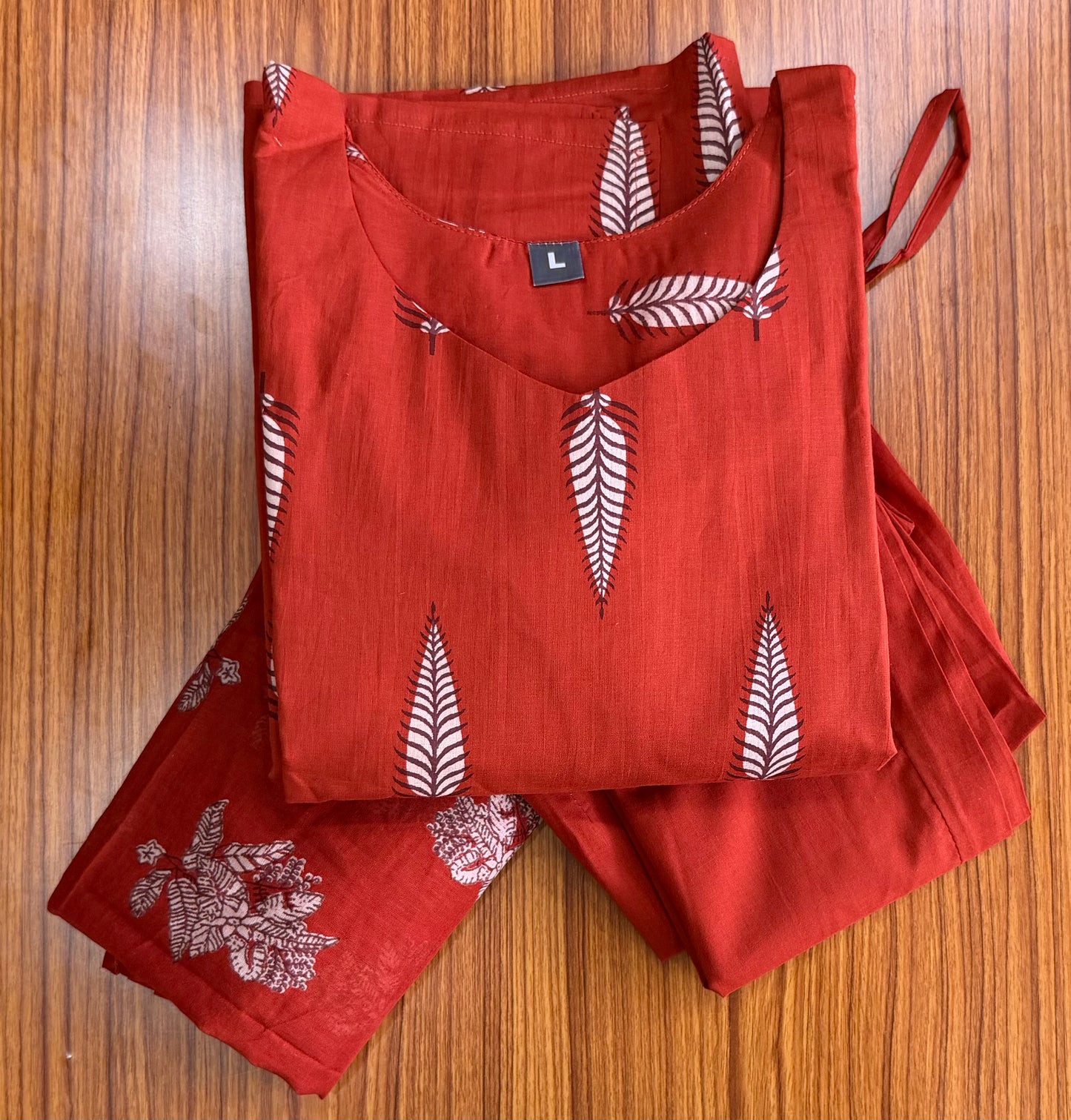Rust Red Cotton 3-Piece Printed Kurta Set for Women