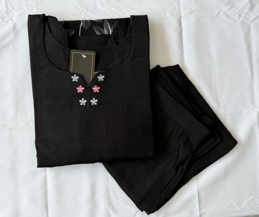 Black Thick Cotton Embroidered Co-ord Set for Women