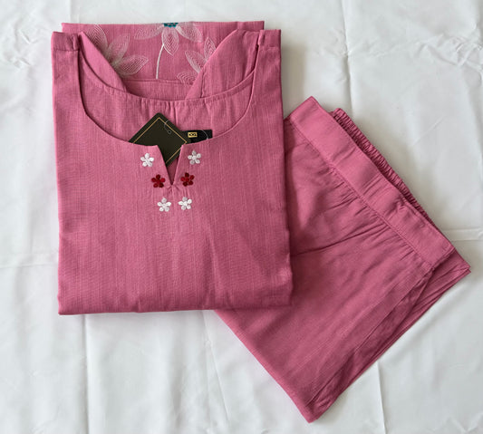 Dusty Pink Thick Cotton Embroidered Co-ord Set for Women