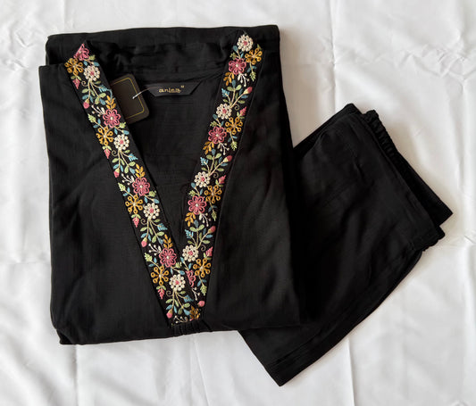 Black Cotton Linen Blend Embroidered Co-ord Set for Women