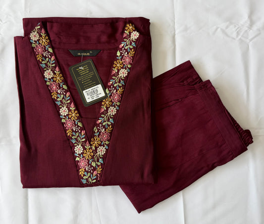 Maroon Cotton Linen Blend Embroidered Co-ord Set for Women