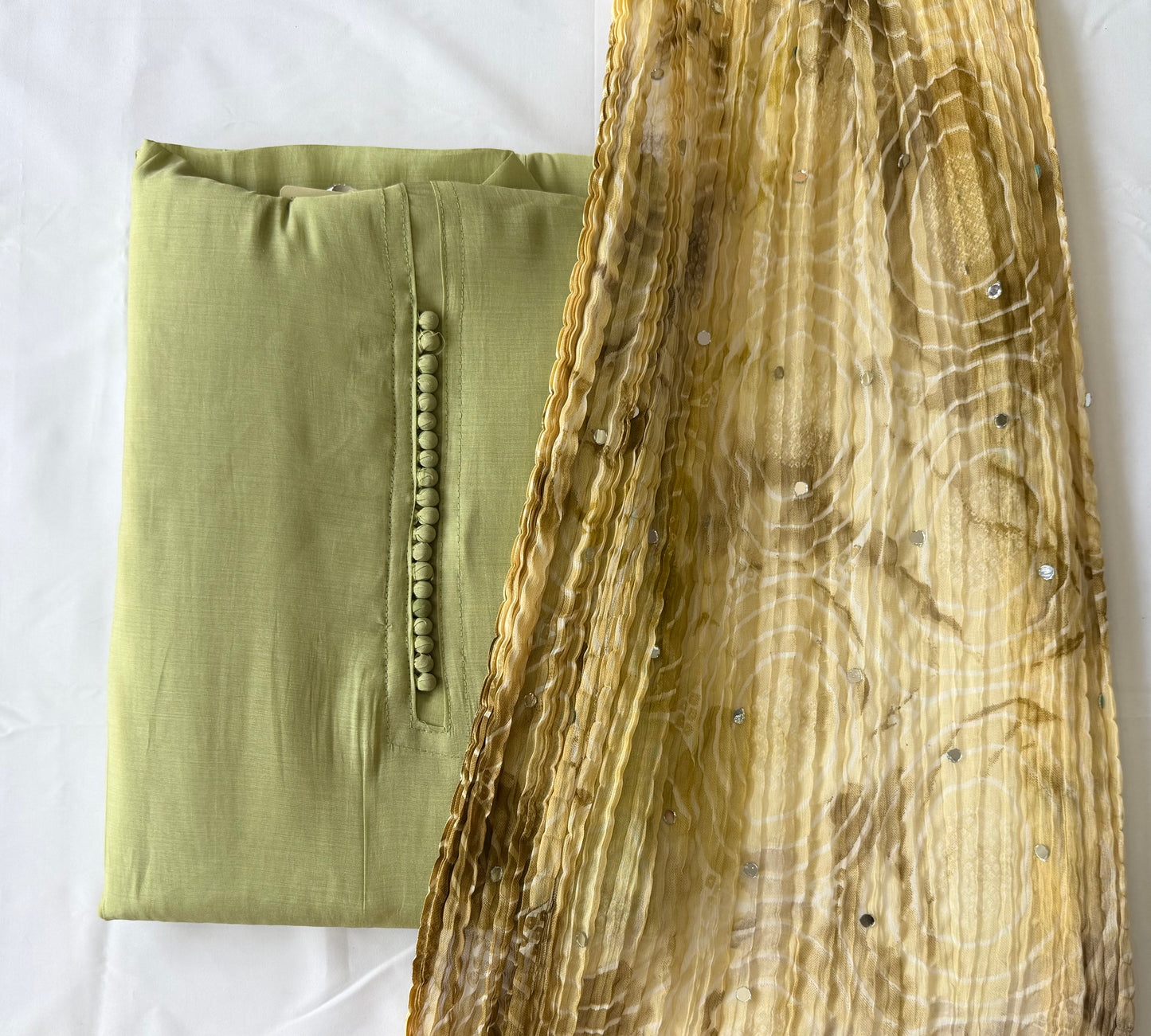 3-Piece Cotton Silk Blended Churidar Material Set with Printed Crinkle Dupatta
