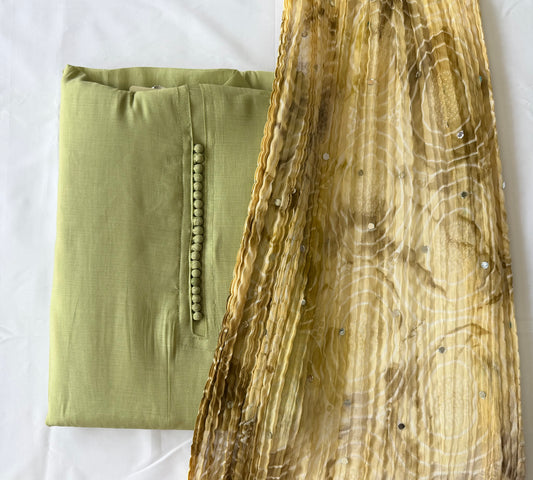 3-Piece Cotton Silk Blended Churidar Material Set with Printed Crinkle Dupatta